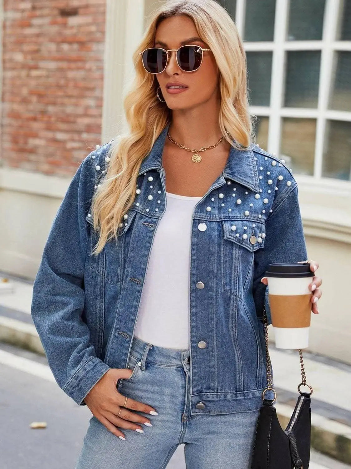 Pearl denim jacket with pockets - Love Salve